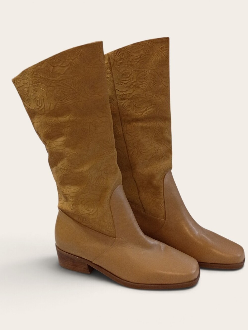 Women’s Tall Tan Leather Boots with Embossed Suede Shaft